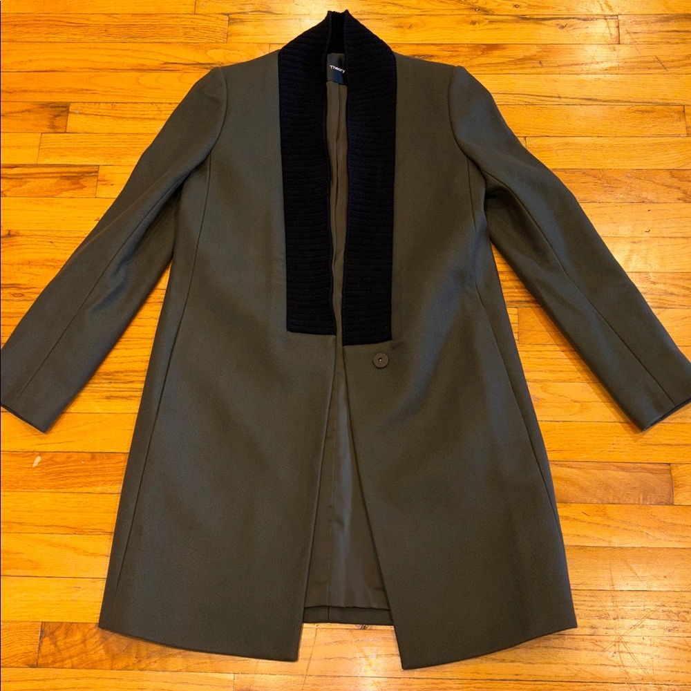 Theory wool and cashmere coat in olive and black